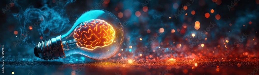Poster an illuminated light bulb with a colorful brain inside, set against a background of an abstract, dar