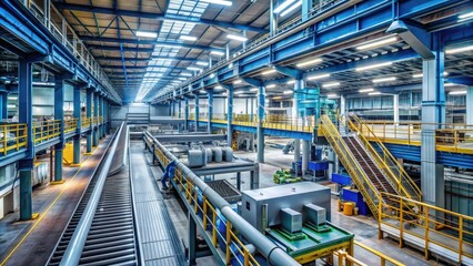 Fototapeta premium Heavy machinery and factory equipment operate at full capacity in a large industrial facility with rows of conveyor belts and exposed ductwork.