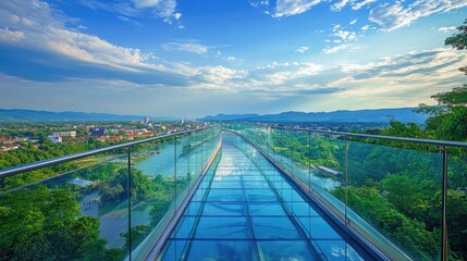 Obraz premium The transparent glass Skywalk in Kanchanaburi, Thailand, capturing the beauty of the city and river below, with lush greenery and blue skies creating a perfect summer backdrop.