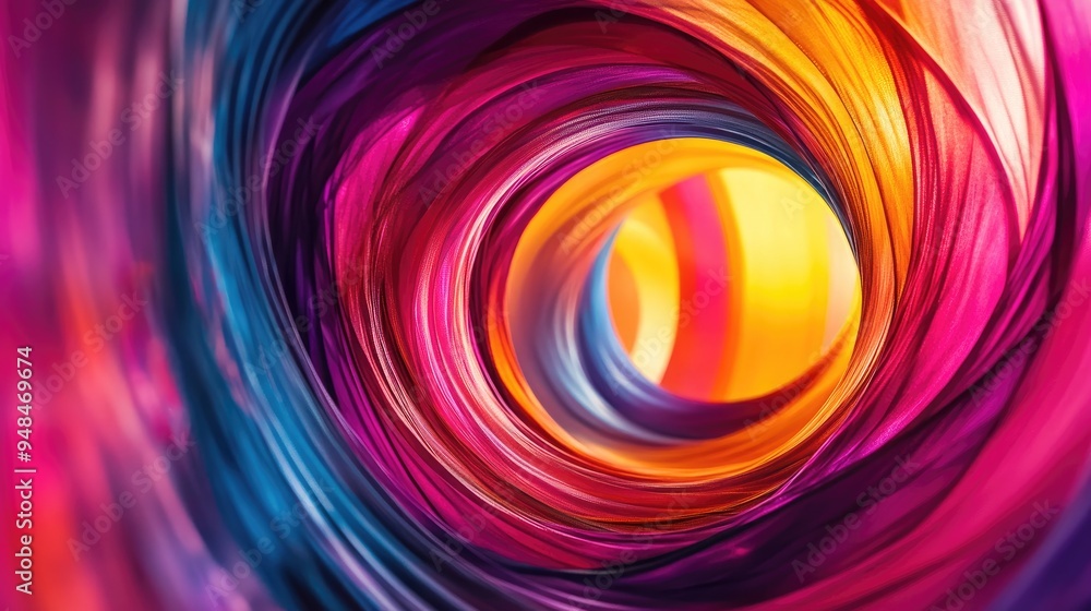 Poster spiraling colorful silk strings in an abstract design, set against a vibrant futuristic background, 