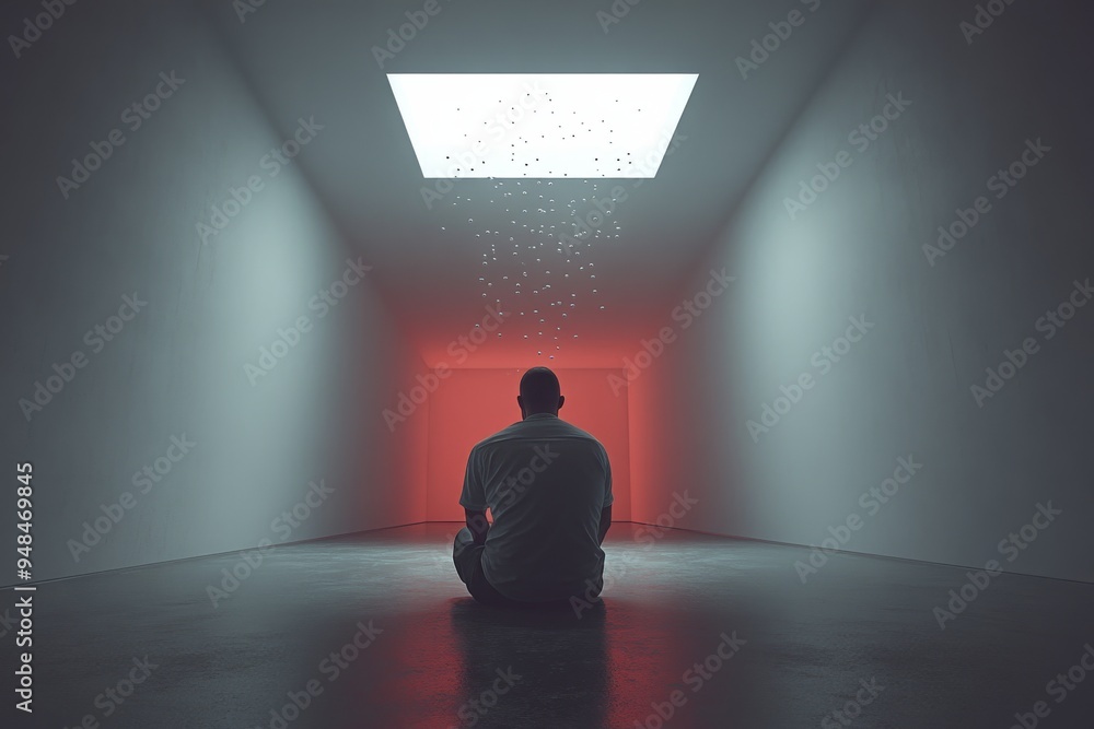 Poster solitary figure meditating in a minimalist room with a red glow symbolizing deep introspection inner