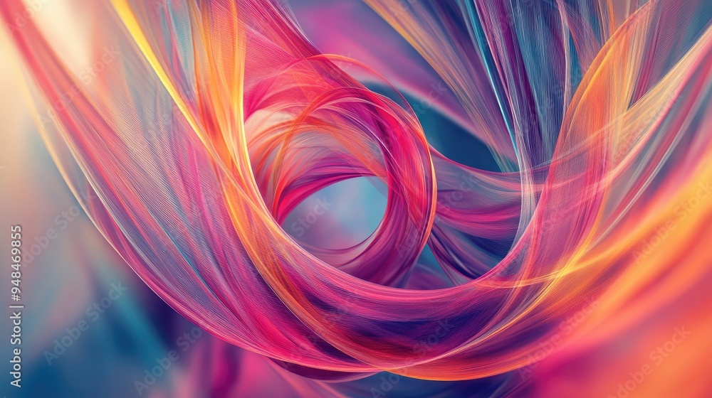 Poster spiraling colorful silk strings in an abstract design, with a dynamic futuristic backdrop, creating 
