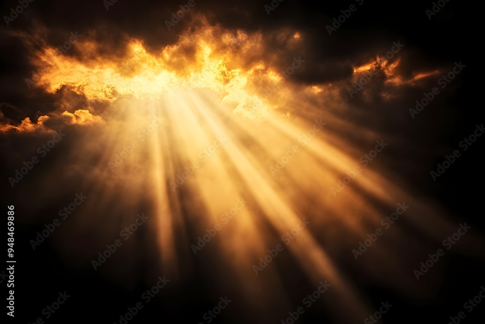 Poster Breathtaking scene of golden rays of light dramatically filtering through misty atmospheric clouds against a dark moody background creating a captivating and spiritual ambiance