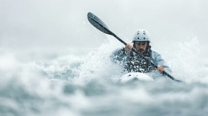 Fototapeta premium man water rafting on a boat with safety gear on a river, adventurous sport, splashing water, outdoor adventure, thrill-seeking, copy space