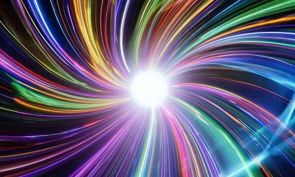 A swirling vortex of glowing light ray trails, gradually converging to a bright central point.