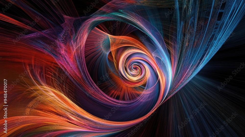 Poster spiraling colorful silk strings in an abstract design, with a dynamic futuristic background, creatin