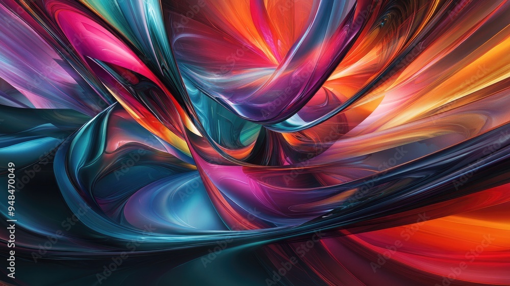 Poster spiraling lines of colorful silk in an abstract design, with a dynamic futuristic background, creati