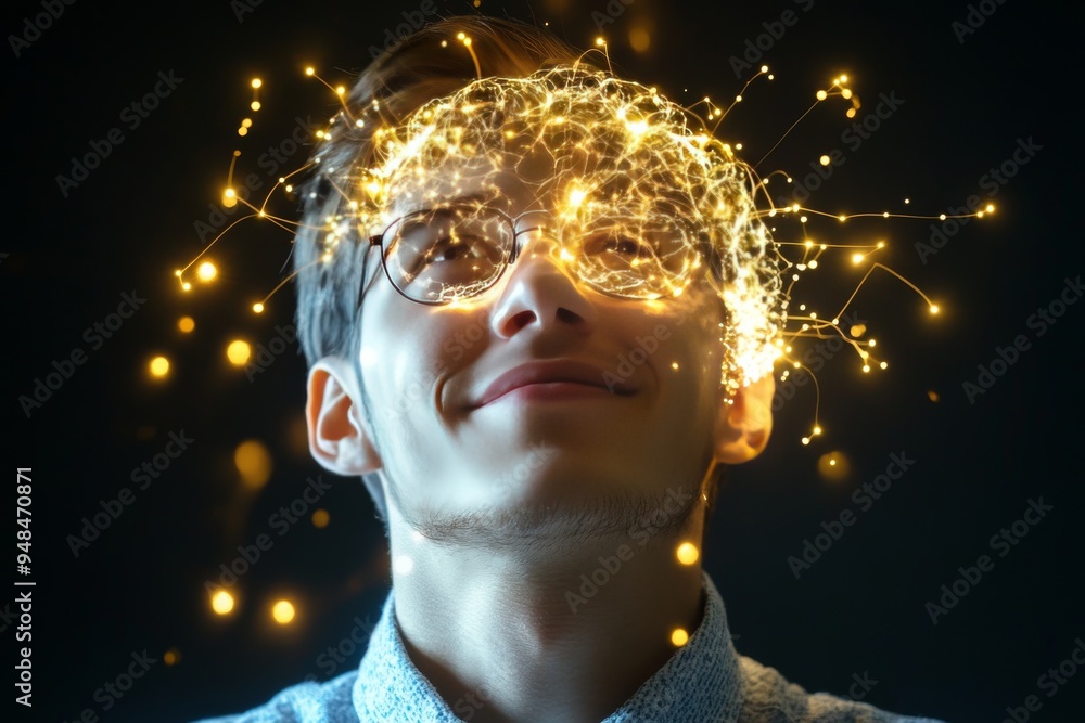 Poster man smiling with vibrant neural sparks signifying joyful thoughts and the active creative process of