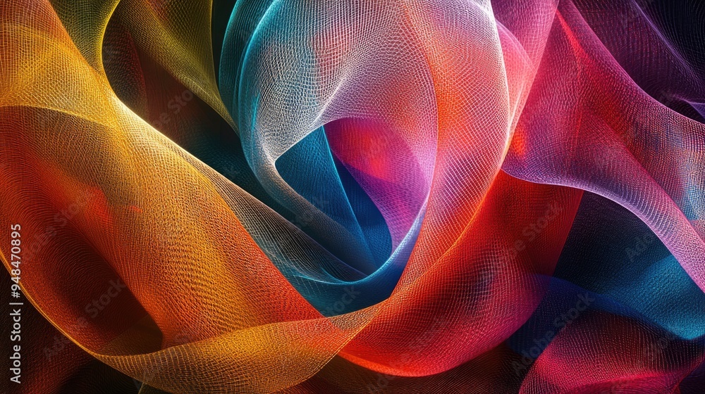 Poster swirling colorful silk strings in an abstract pattern, set against a dynamic futuristic backdrop, cr