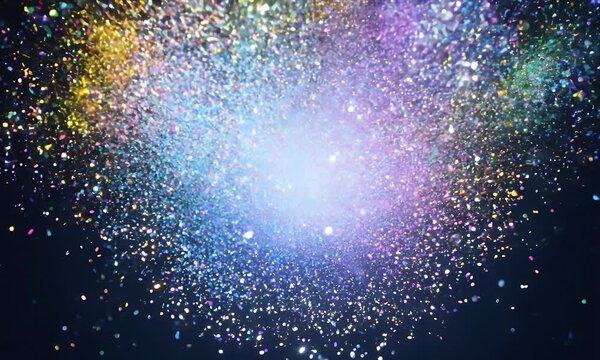 A center explosion of shimmering holographic confetti particles, reflecting multiple colors as they spread outwards.