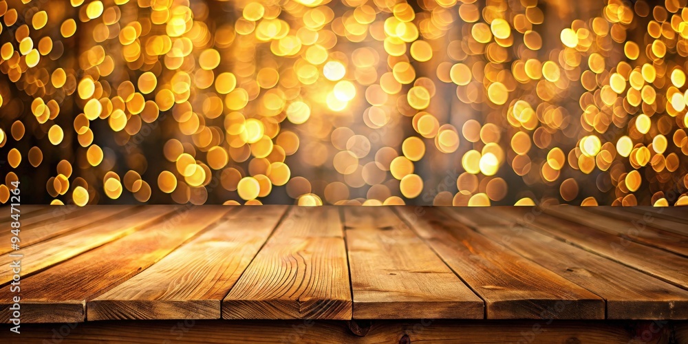 Poster empty wood table top with blurred, golden bokeh lights creating an abstract and dreamy atmosphere