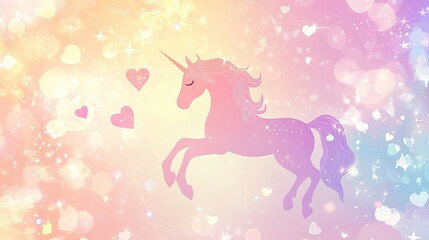 Fototapeta premium Vector pastel background with unicorn motifs, hearts, bokeh, and stars, perfect for a sweet and dreamy design.