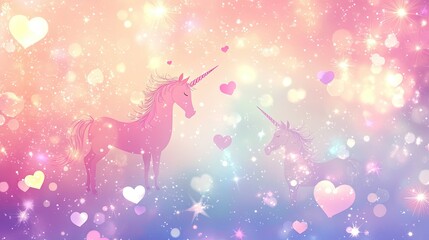 Fototapeta premium Vector pastel unicorn wallpaper with dreamy hearts, circles, bokeh, and stars, perfect for a magical and sweet design.