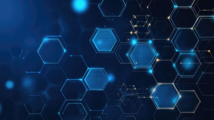 Vector-based technology background with interconnected hexagons, glowing digital patterns, and a modern blue color scheme