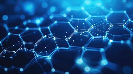 Obraz premium Vector-based technology background with interconnected hexagons, glowing digital patterns, and a modern blue color scheme