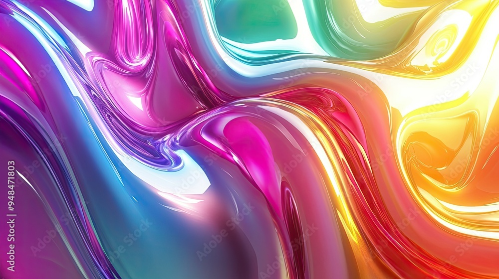 Poster vibrant 3d background with fluid waves and a bright glass texture, transitioning through a rainbow g