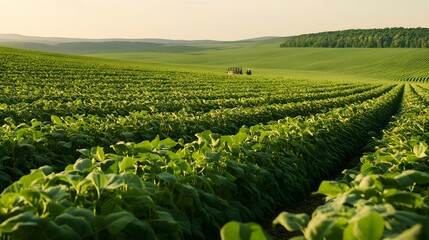 84. **A large field of soybeans with a farmer inspecting the crop.
