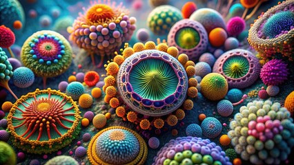 High-magnification microscopic image of a biological specimen, showcasing intricate cellular structures and vibrant colors, highlighting the complexities of microscopic life forms.