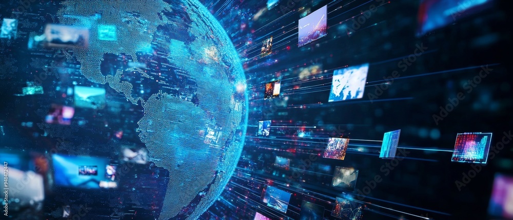 Poster Digital Globe with Network Connections and Media Content