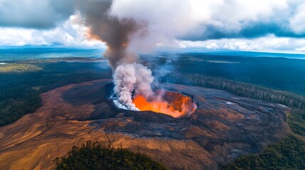Wide-angle aerial image of a volcano erupting with a big ash and smoke cloud. The explosion turned a thick forest into desolate plain.
