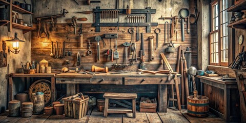 A vintage tools workshop featuring old hand tools, workbench, and rustic decor