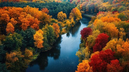 Naklejka premium Vibrant trees lining river shores, seen from above, creating a beautiful and colorful natural scene