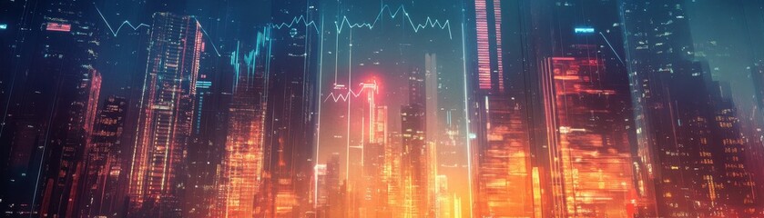 Fototapeta premium A vibrant cityscape showcasing glowing skyscrapers and dynamic light patterns, ideal for futuristic and urban themes.
