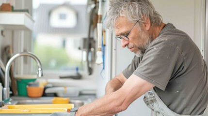 Obraz premium hispanic senior adult male with white hair and wrinkles, indoor kitchen cooking, grandpa, copy space