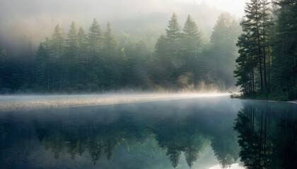 Fototapeta premium Created u could be named A tranquil misty morning with fog drifting over the river and lake This description captures the essence of a serene landscape featuring fog over both water bodies and reflec