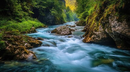 Fototapeta premium Vintgar Gorge's Charm: Captivating image of the Radovna River flowing through the enchanting Vintgar Gorge, surrounded by vibrant vegetation and rugged rocks.