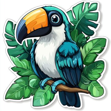 recommend clip art: Colorful Toucan Bird with Tropical Leaves Cartoon Illustration