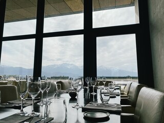 beautiful view of Andes mountains from the restaurant table, mendoza
