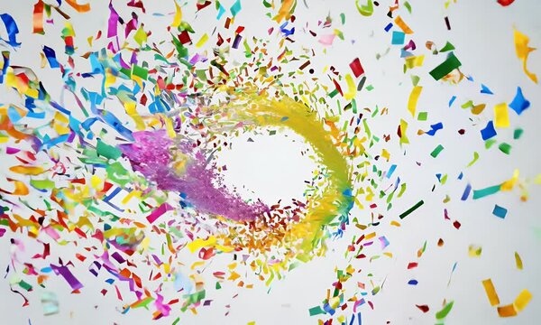 A center explosion of rainbow confetti particles, swirling as they expand outward, creating a mesmerizing effect.
