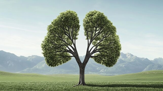 A single tree in the shape of lungs stands in a field with a mountain range in the background, symbolizing the importance of nature for healthy air.