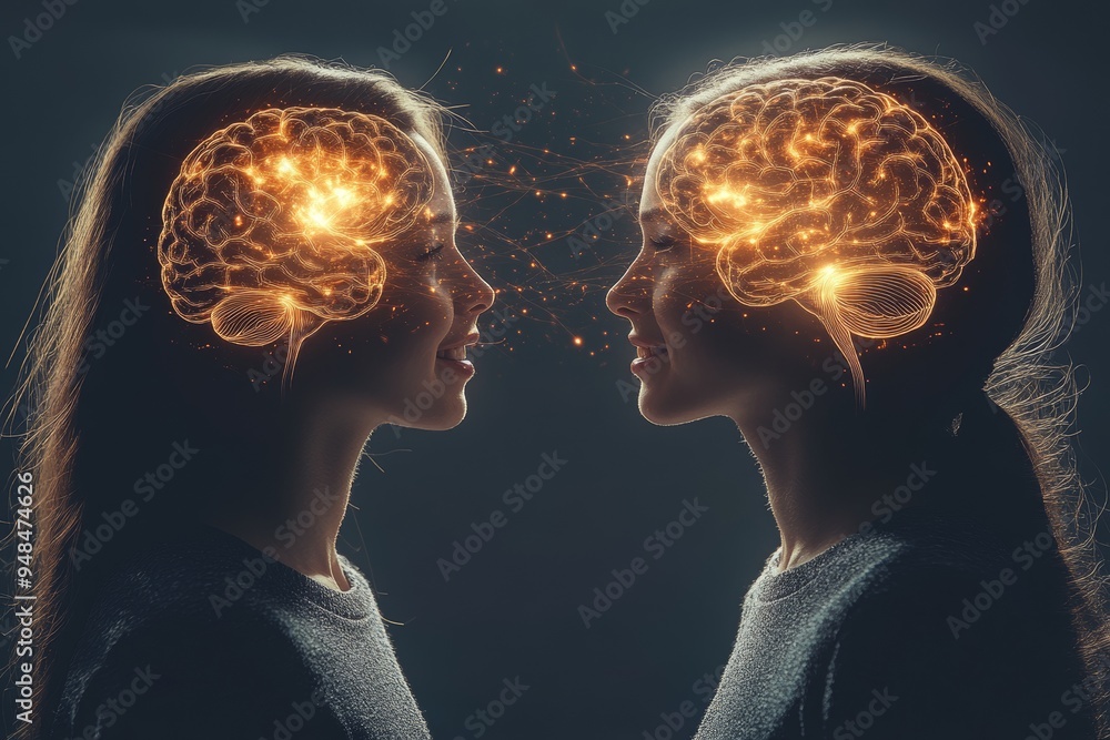 Poster couple facing each other with glowing brains symbolizing a meeting of minds and the intellectual con