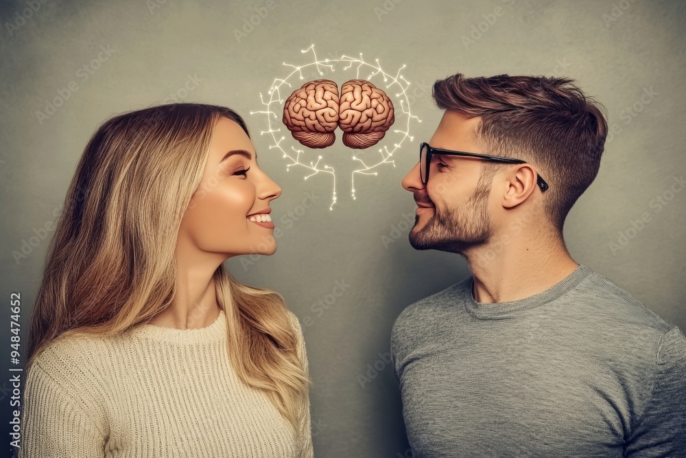 Poster side by side comparison of a couples heads with brain cutaways highlighting differences and commonal