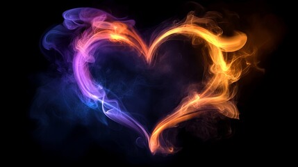 A vibrant heart shape formed by swirling smoke in blue, orange, and purple hues against a black background.