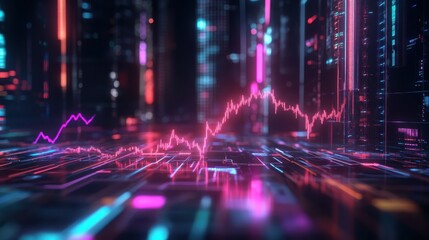 A vibrant digital landscape featuring a rising graph on a neon backdrop, representing data growth and technological advancement.