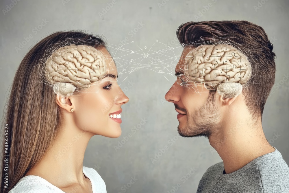 Poster couple with exposed brains smiling at each other symbolizing intellectual compatibility and mutual u