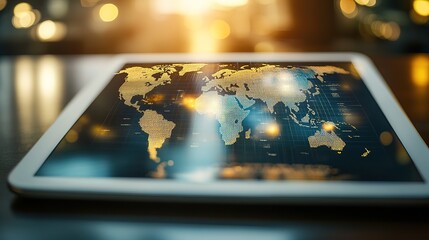 A digital representation of travel insurance coverage on a tablet, with a world map in the background.