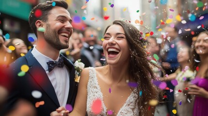 Joyful couple celebrating their wedding day with confetti in the air, surrounded by friends in a lively, festive atmosphere.