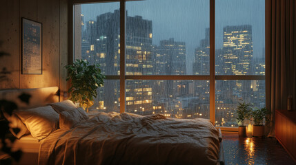 Cozy bedroom with large windows overlooking a rainy city skyline, soft bed, warm light, and