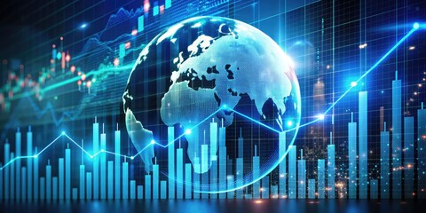 Fototapeta premium Holographic economic chart on virtual screen displays upward trend, representing global business growth, investment opportunities, and financial success in a futuristic digital landscape.