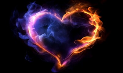 A heart shape formed by blue and orange smoke against a black background.