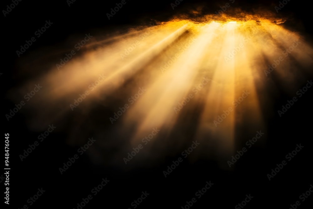 Poster dramatic rays of warm golden light filter through a misty atmospheric environment against a dark mys
