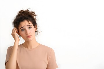 Portrait of a young woman with a confused pensive expression scratching her head as if lost in thought or unsure about something