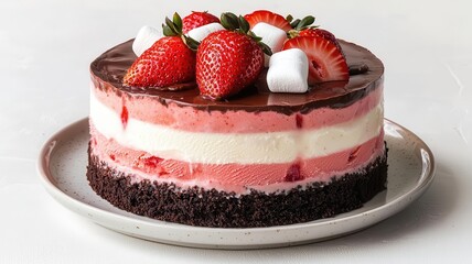 A layered strawberry marshmallow ice cream cake with a chocolate crust, photorealistic, hyper-resolution, rich and delightful dessert