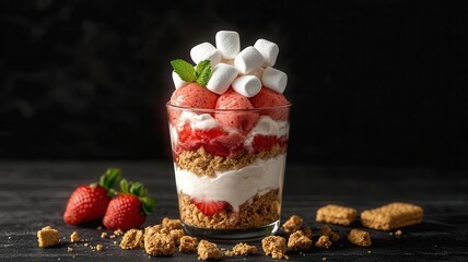 A parfait glass filled with layers of strawberry ice cream, marshmallows, and graham cracker crumbs, photorealistic, hyper-resolution, s mores-inspired delight