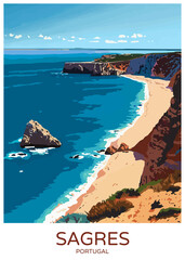 Sagres Portugal Poster Illustration Travel Print Decor Gift Paper Canvas Wall Retro Art