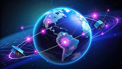 Illustrated global navigation satellite system with glowing blue lines and purple dots on a dark blue background, representing GPS tracking and location services.